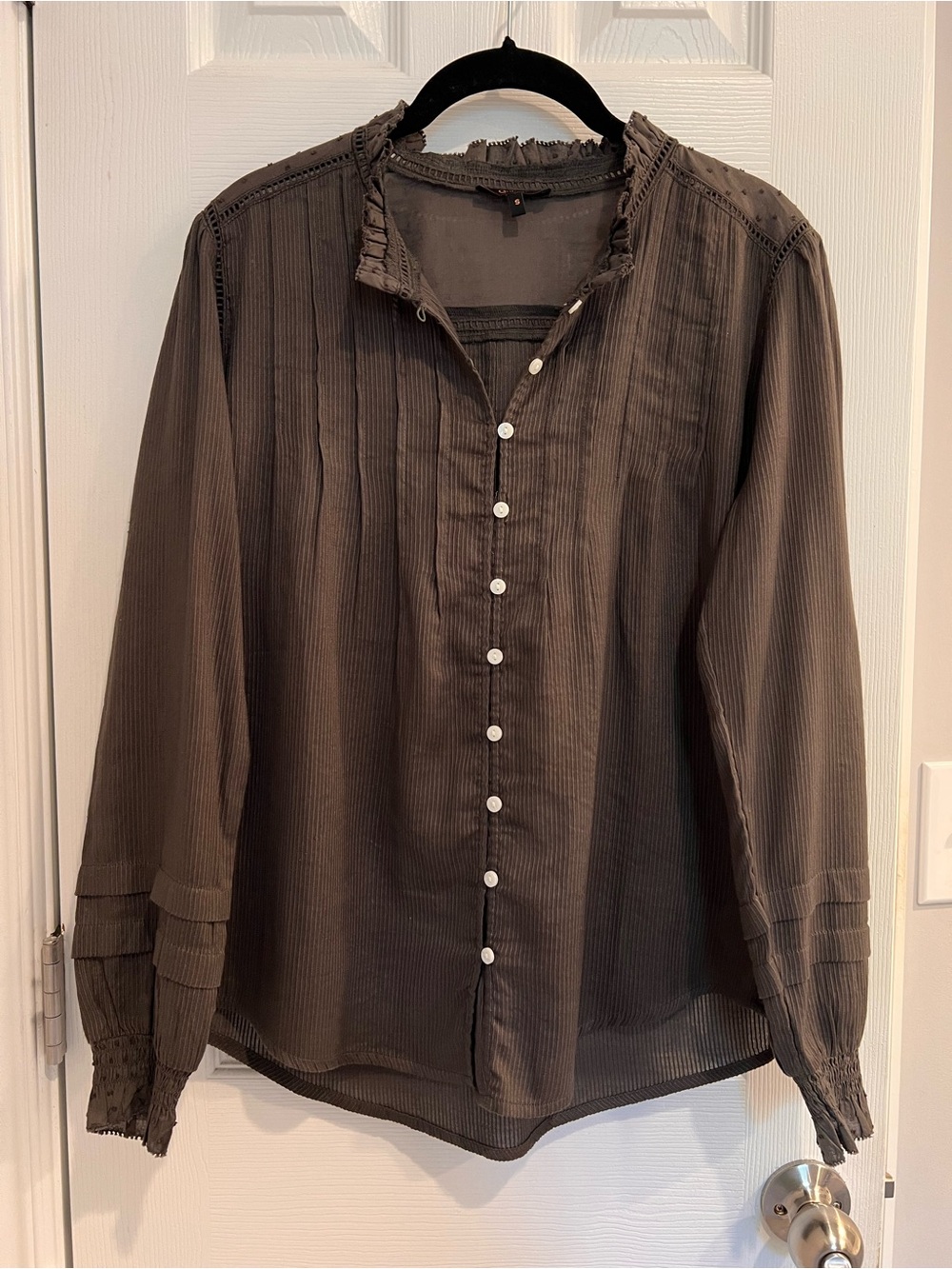 Quince Textured Peasant Blouse Top Brown Pintuck Button-Front Shirt Swiss Dot